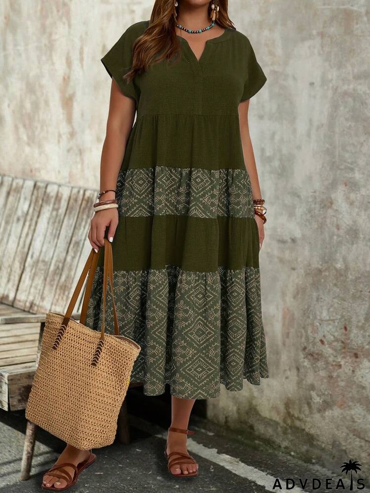 Plus Size Women's Geometric Printed Casual Short Sleeve Country Linen Dress With Notched Neckline And Ruffled Hem For Summer