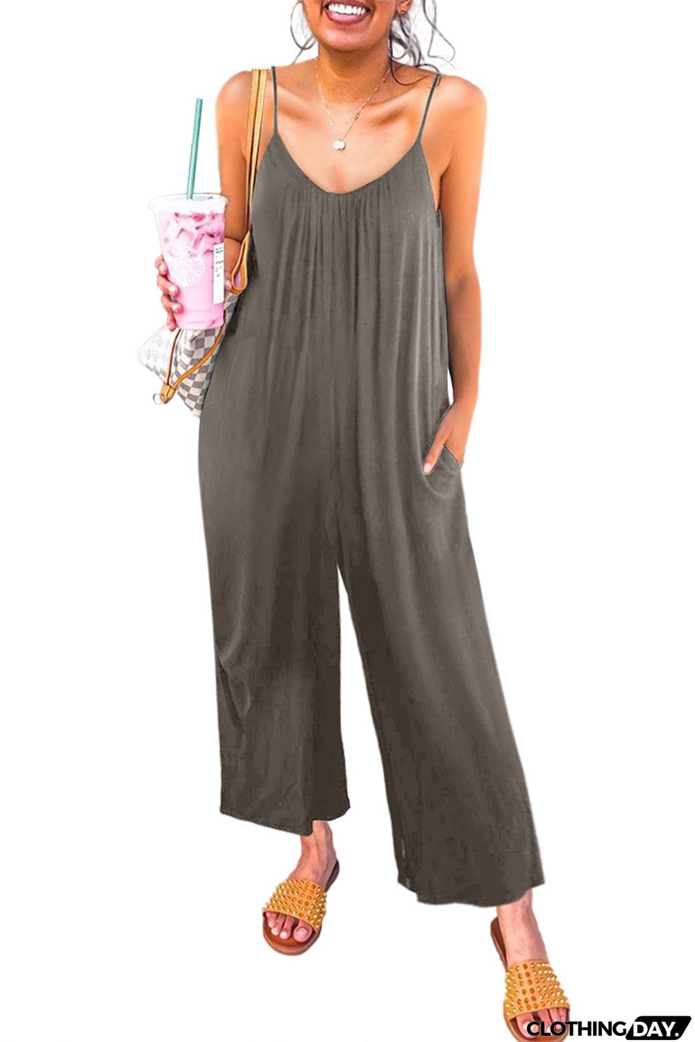 Spaghetti Straps Wide Leg Pocketed Jumpsuits