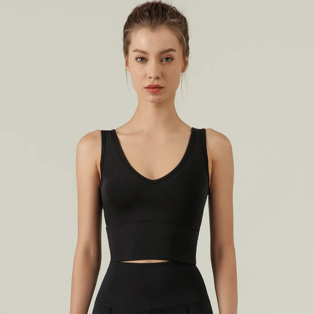 Buy Hergymclothing Black women's v neck u back wide stretchy straps gym yoga support tank tops at an affordable price