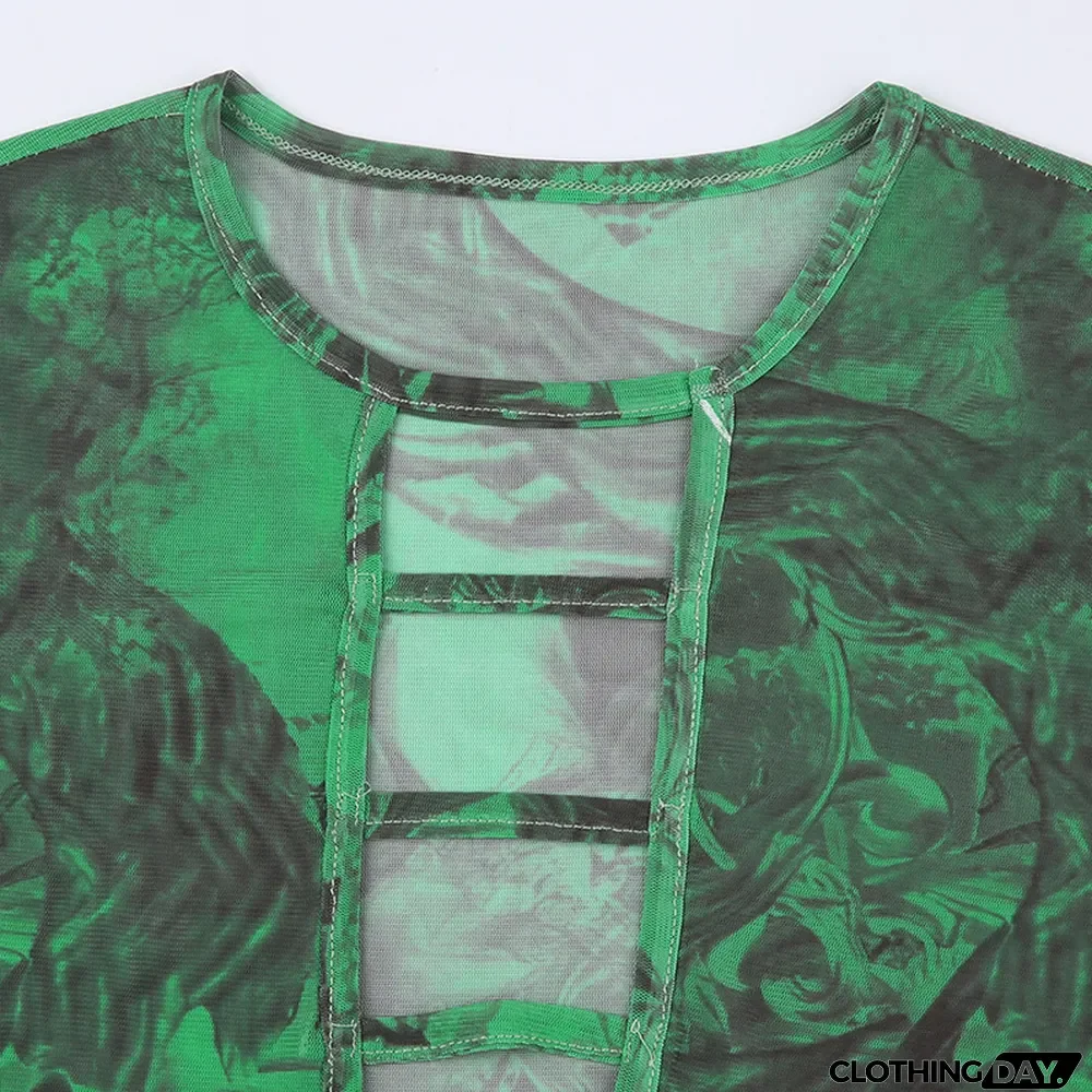 Women Chiffon Print Bell Bottom Sleeve Cutout Top and Bodycon Skirt Two-Piece Set