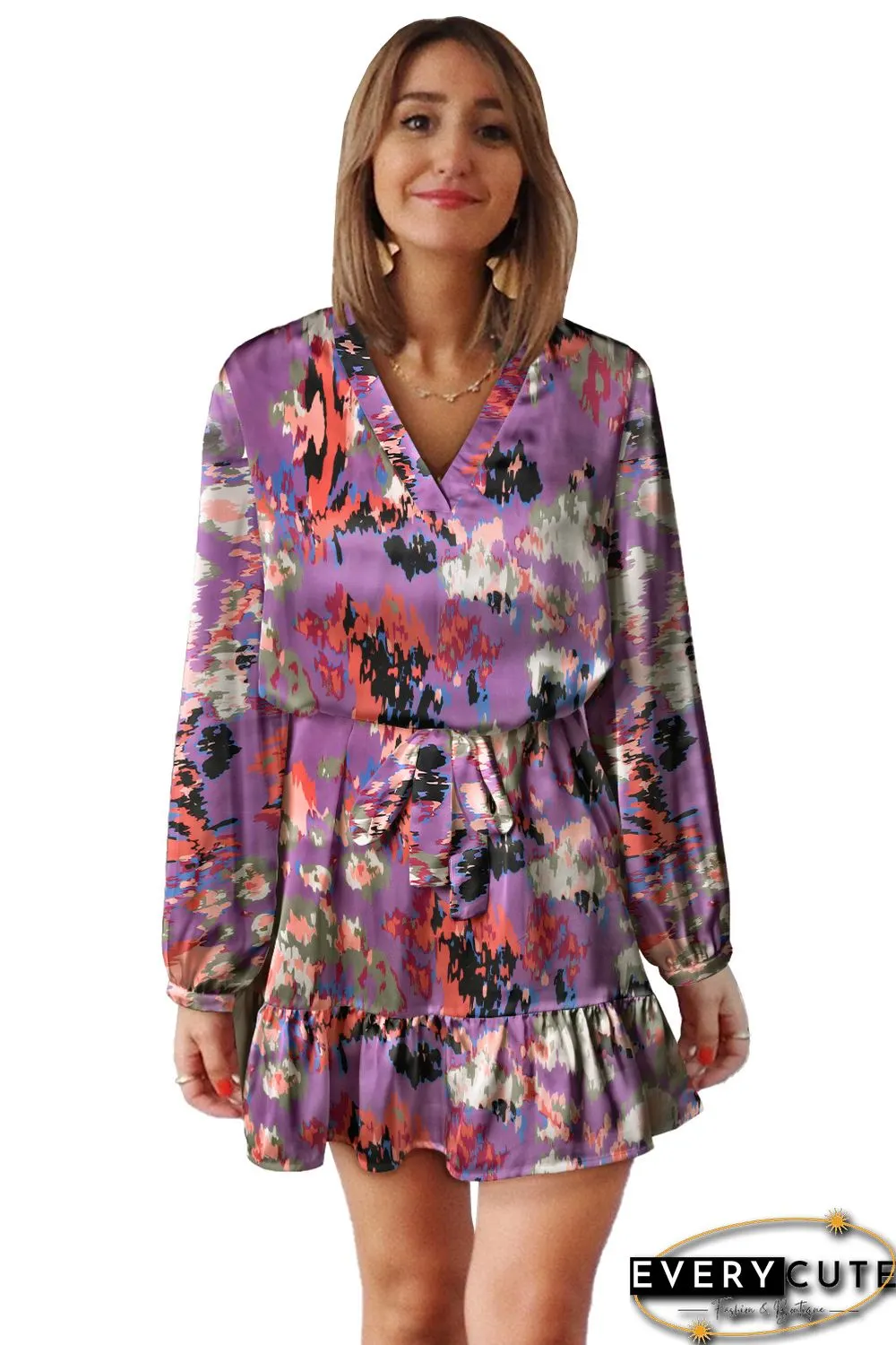 Purple Abstract Print Ruffled Drawstring High Waist Mini Dress