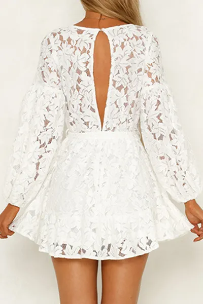 Elegant Solid Frenulum Backless V Neck Lace Dress Dresses