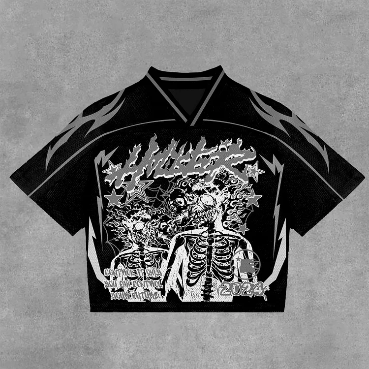 Simpfit Personalisiertes Vintage-T-Shirt mit Totenkopf in der Höllenseele und Sterngrafik, Blokecore Blokette, Baumwolle, Fußball, V-Ausschnitt