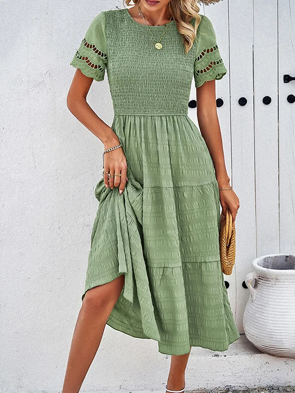 Split-Joint Solid Color Hollow Elasticity Short Sleeves Loose Round-Neck Midi Dresses