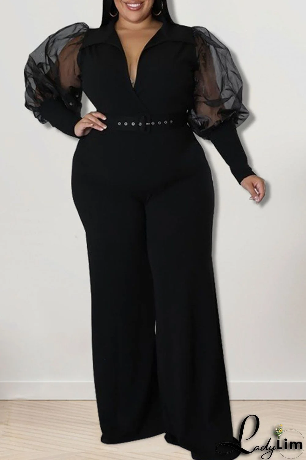 Black Casual Solid Patchwork V Neck Plus Size Jumpsuits