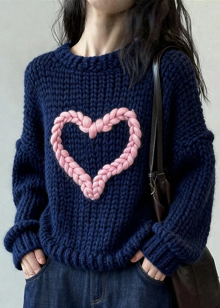 Cozy Knit Sweater With Embroidered Hearts