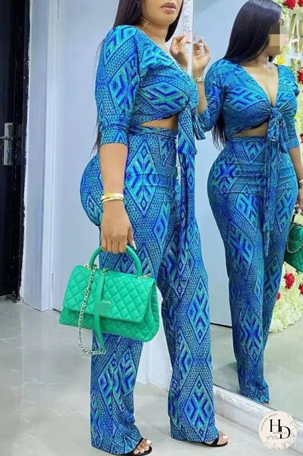 Blue Fashion Casual Print Bandage V Neck Long Sleeve Two Pieces