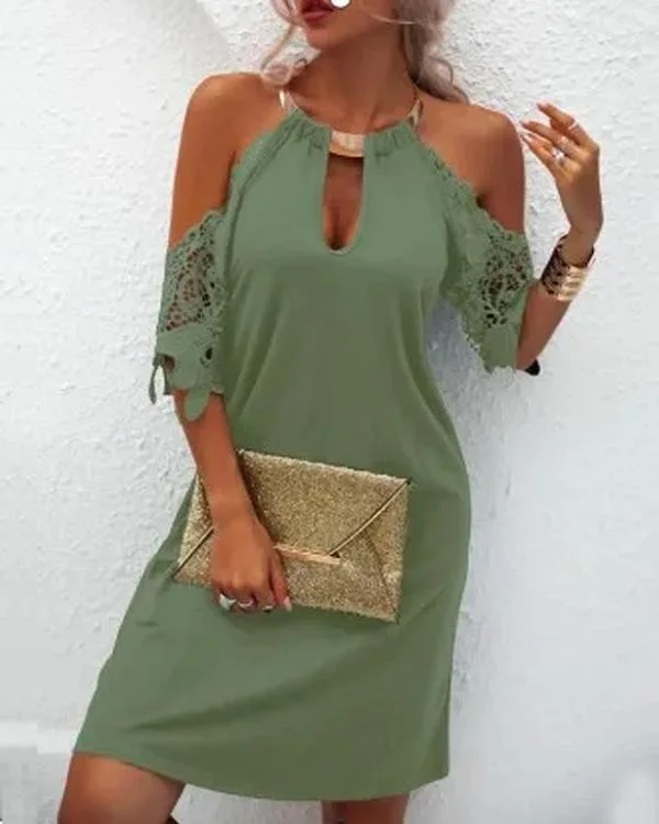 Metal Hanging Neck Hollow Out Sleeve Dress