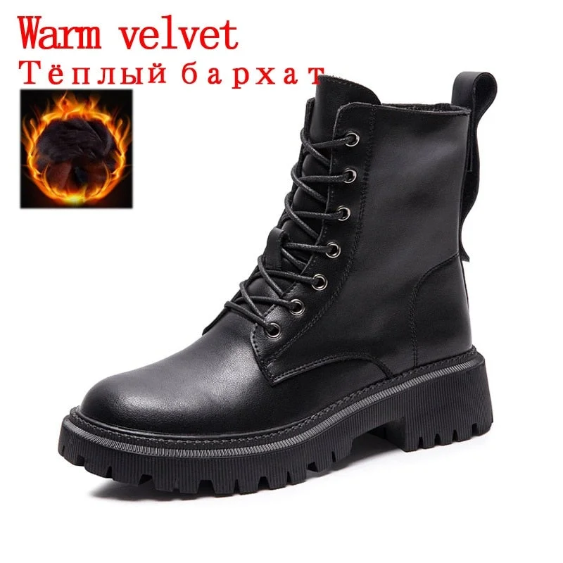 CXJYWMJL Genuine Leather Martin Boots For Women Winter British Style Side Zipper Motorcycle Boots Ladies Autumn Platform Booties
