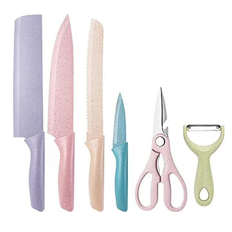 6-piece kitchen stainless steel knife set with colorful non-stick coated blades, comes with chef knife, bread knife, scissors and paring knife