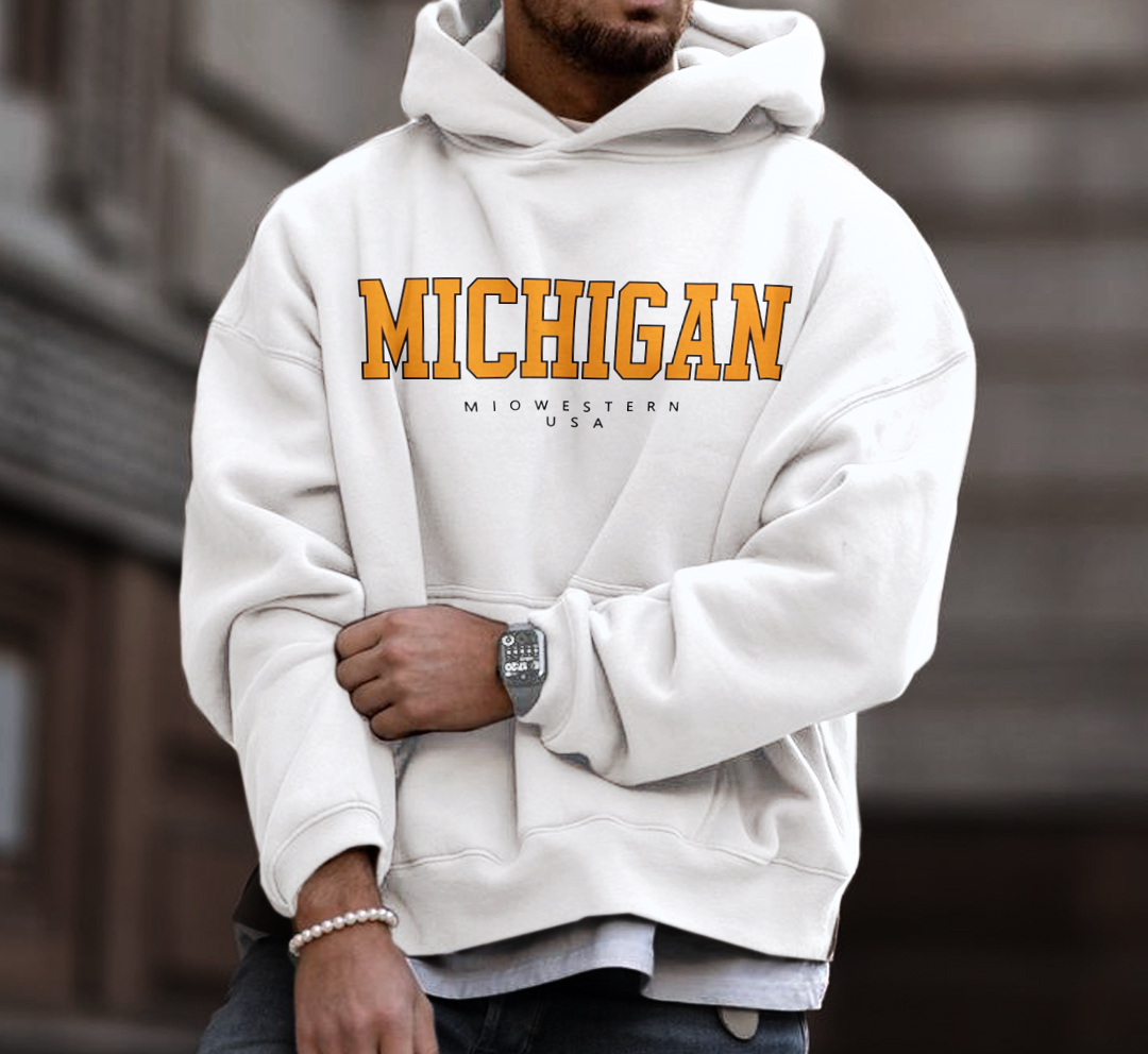 Men's Oversized Vintage Michigan USA Casual Hooded Sweatshirt