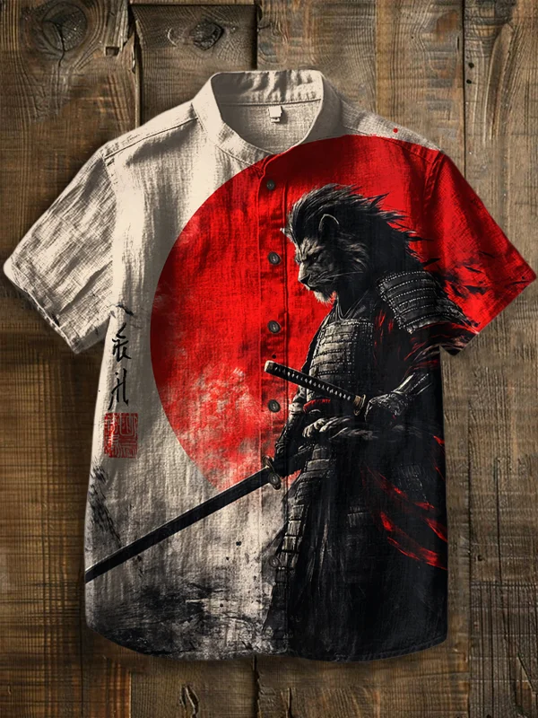 Men's Lion Warrior Japanese Art Print Short Sleeve Shirt