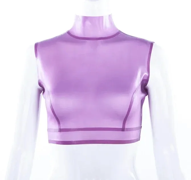 Women Latex Tops Sleeveless Cropped Translucent Purple Top