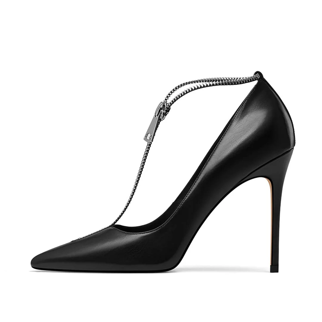 Black Pointed Toe Stiletto Heel Zipper T-Strap Pumps for Women