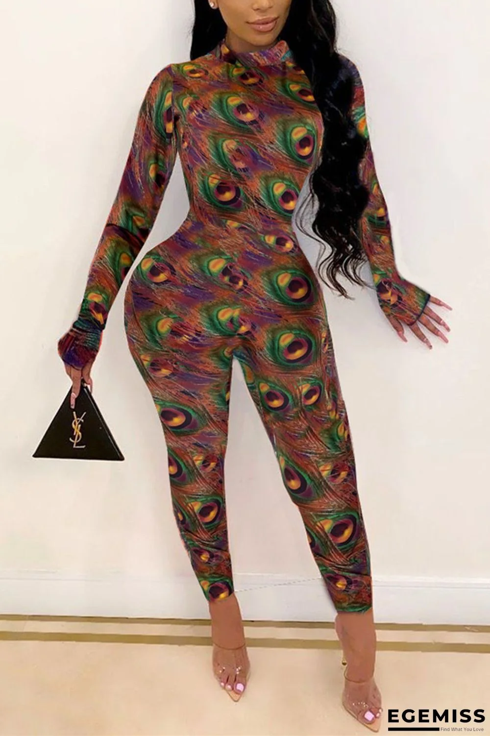 Multicolor Fashion Casual Print Basic Half A Turtleneck Skinny Jumpsuits | EGEMISS