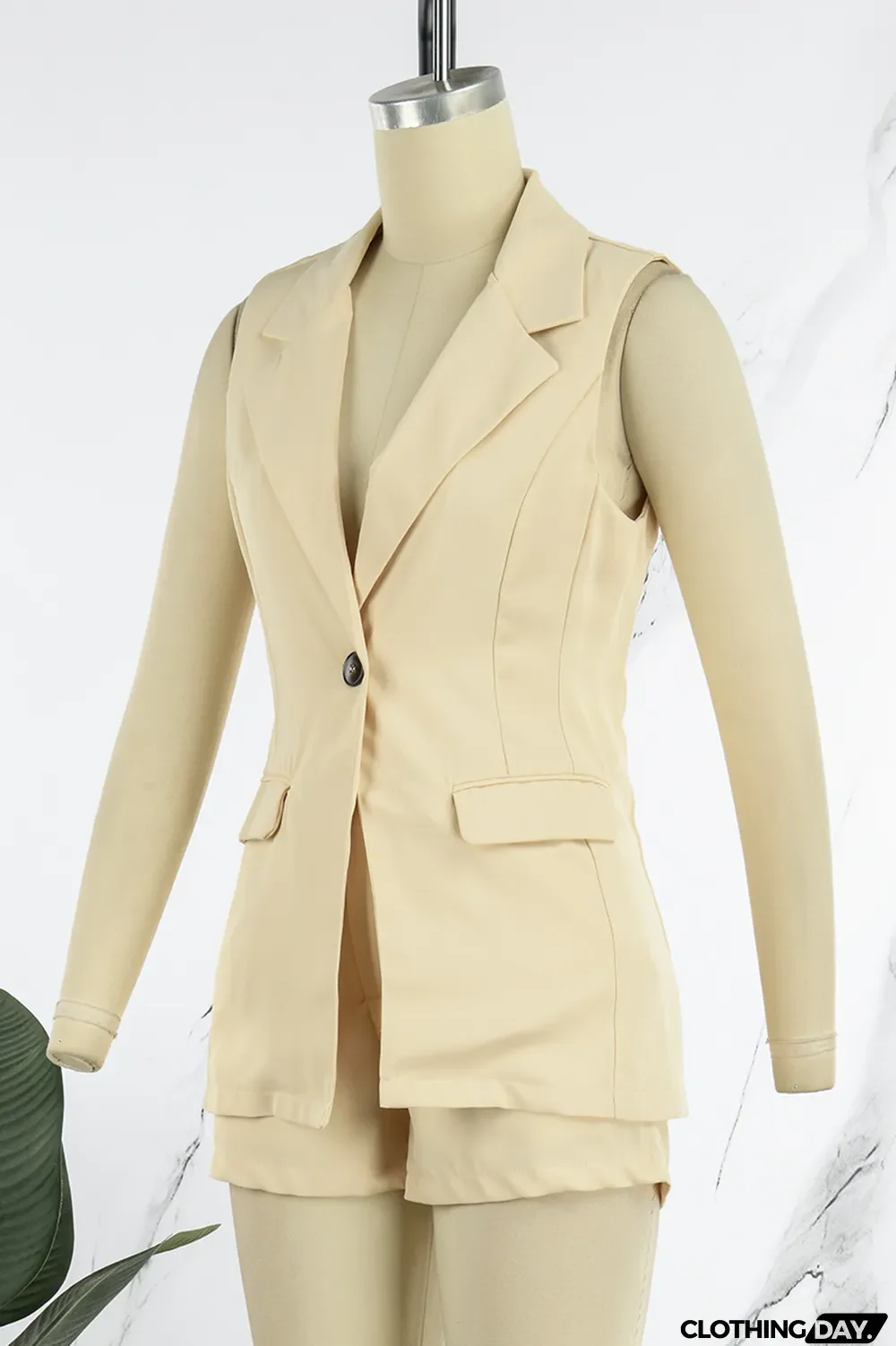 Apricot Casual Solid Patchwork Buttons Turn-back Collar Sleeveless Two Pieces