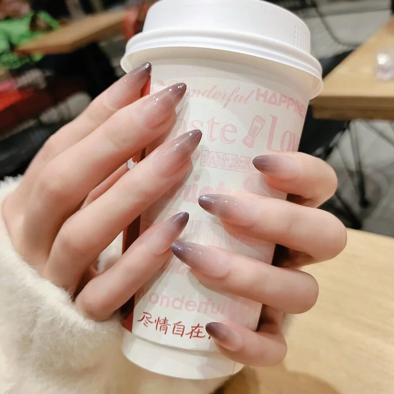 24PCS Gradients Color Point Head False Nails Wearable Women Girl Nail Art Full Cover Fake Nails Press On Nail Patch with Glue-Nail Inspo