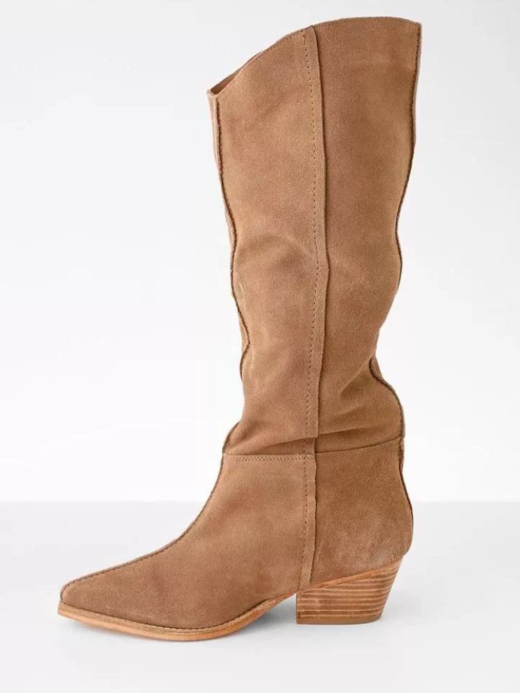Camel Slouch Pointed Toe Slanted Stacked Heel Western Mid Calf Boots