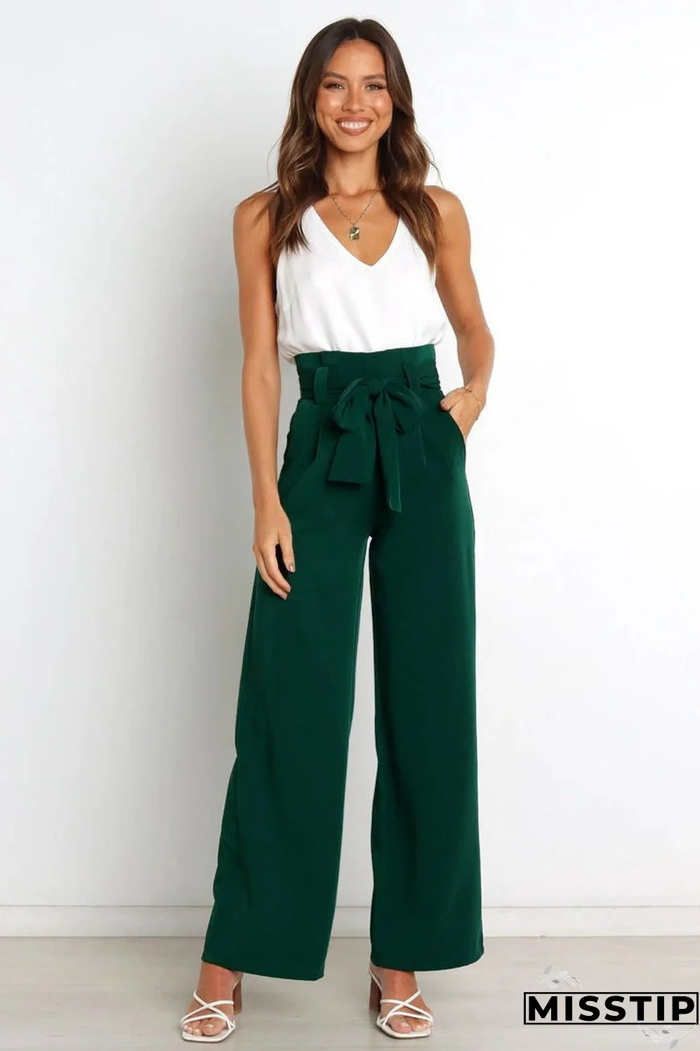 Tie Front Paperbag Wide Leg Pants
