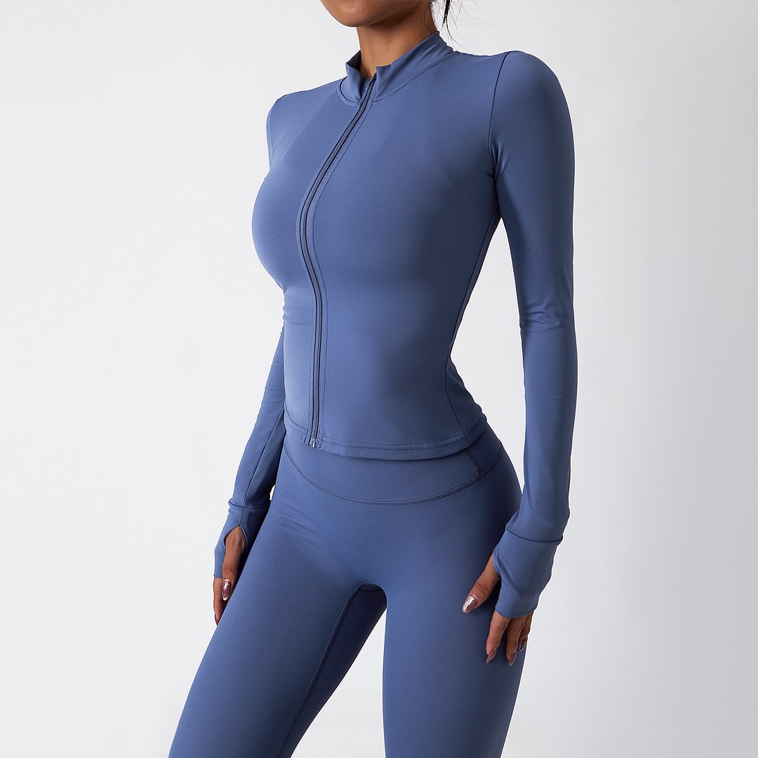 Hergymclothing Blue quick dry long sleeve slim fitness training gym running jackets women for sale
