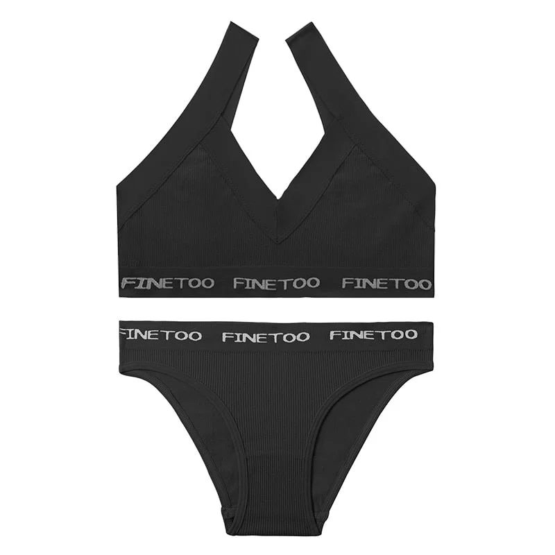 FINETOO Deep V Bra Set M-XL Women Seamless Underwear Girls Soft Tops and Letter Briefs Ladies Bras Set Comfortable Lingerie Set