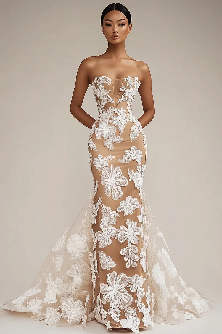 3D Floral Embroidery Strapless Maxi Dress-Beige [Pre-Order]