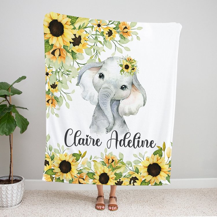 Personalized Sunflower Elephant Blanket Custom Name Gifts For Baby Girl