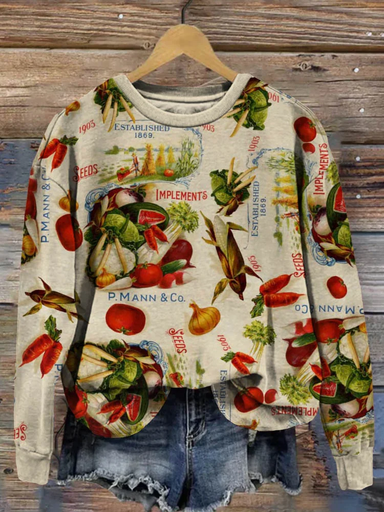VChics Vintage Fruits and Vegetables Graphic Comfy Sweatshirt