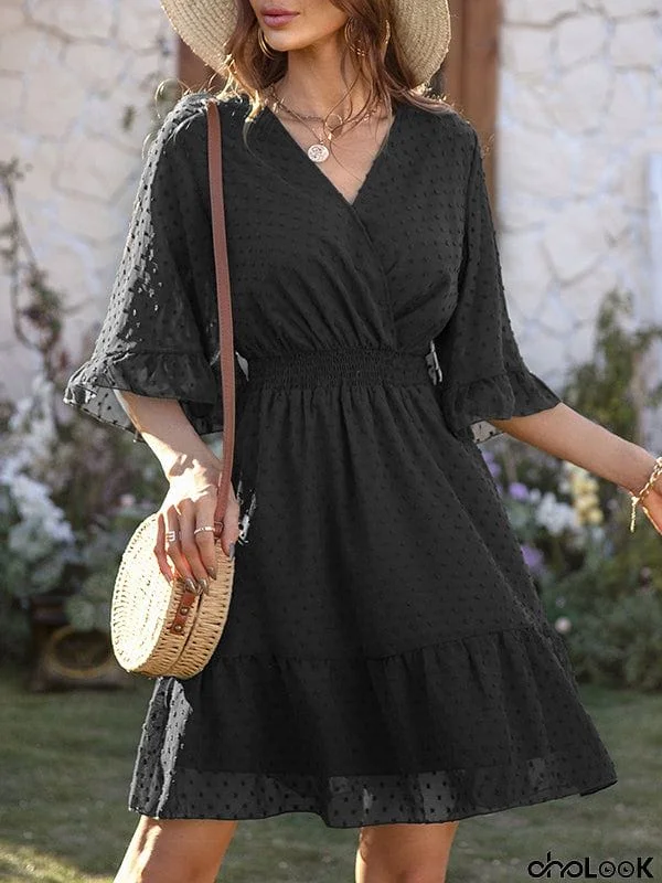 Original Half Sleeves Loose Polka-Dot Falbala Solid Color V-Neck Mini Dresses