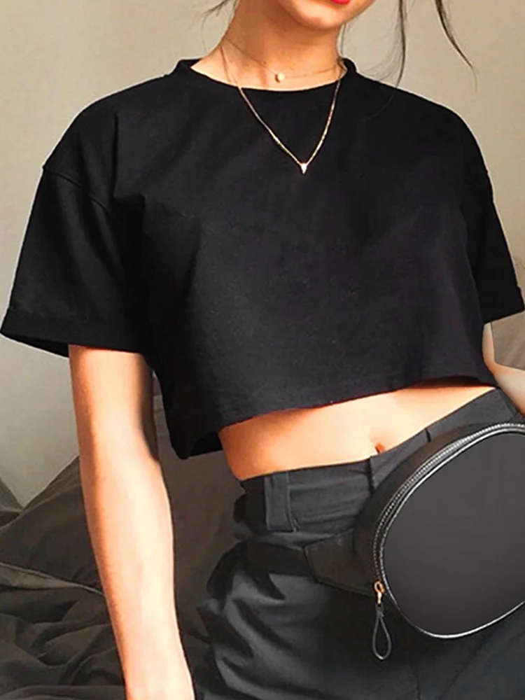 Huibahe Shirt Funny Y2K Women Crop Tops Casual Black Femme Navel T-shirt Round Neck Short Loose Tee Shirt Summer Streetwear