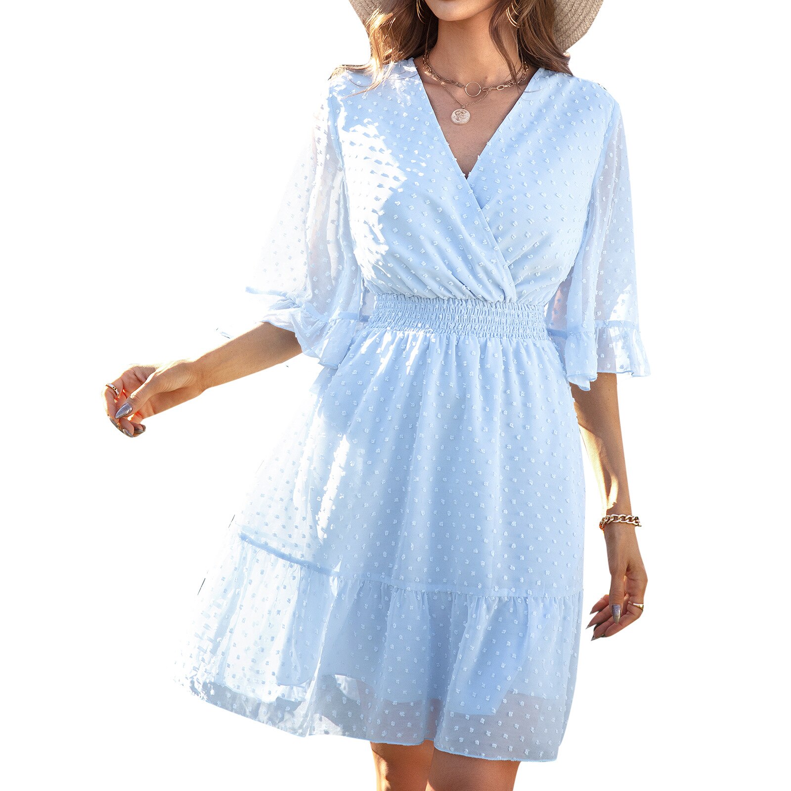 2022 Spring New Bohemia Floral Dress Women Casual V Neck High Waist Short Sleeve Print Fashion Summer Dress aliexpress Money