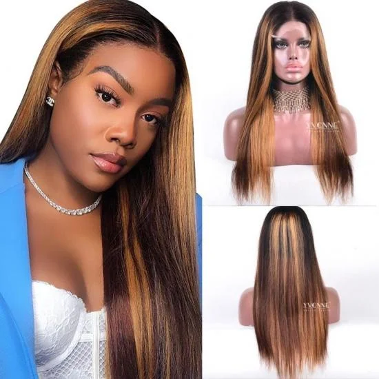 YVONNE 250% Density Natural Straight Ombre Hair Color T4-4/27 5*5 / 13*4 Lace Closure Piano Color Highlight Wigs