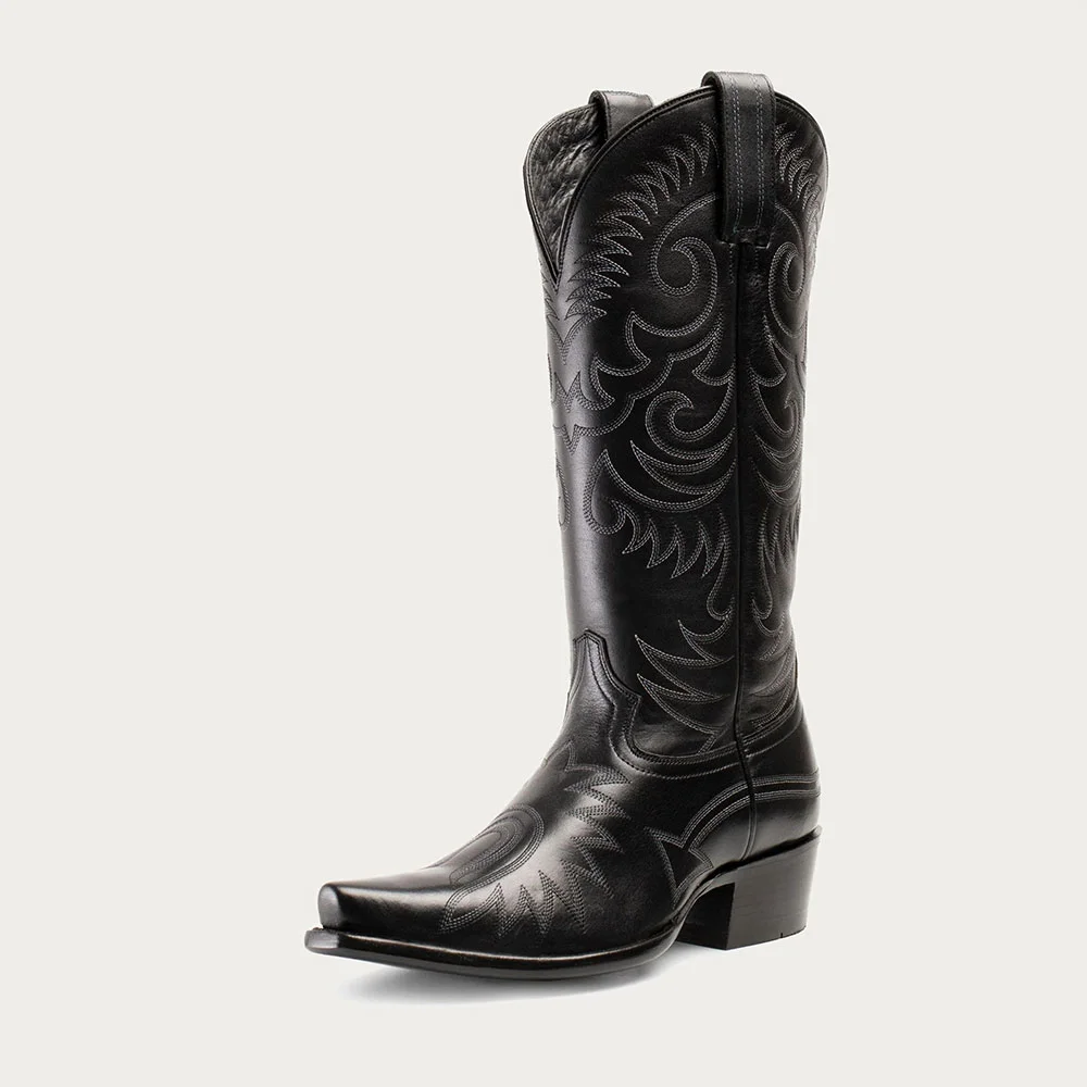 Black Snip Toe Chunky Heel Mid-Calf Cowgirl Boots with Embroidery