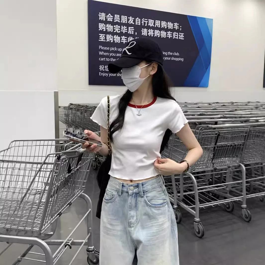 Brownm Brownm Color Short-Sleeved T-Shirt Women 2024 Summer New Slim Show Thin And Versatile Short Shoulder Students Pure Color Top Tide