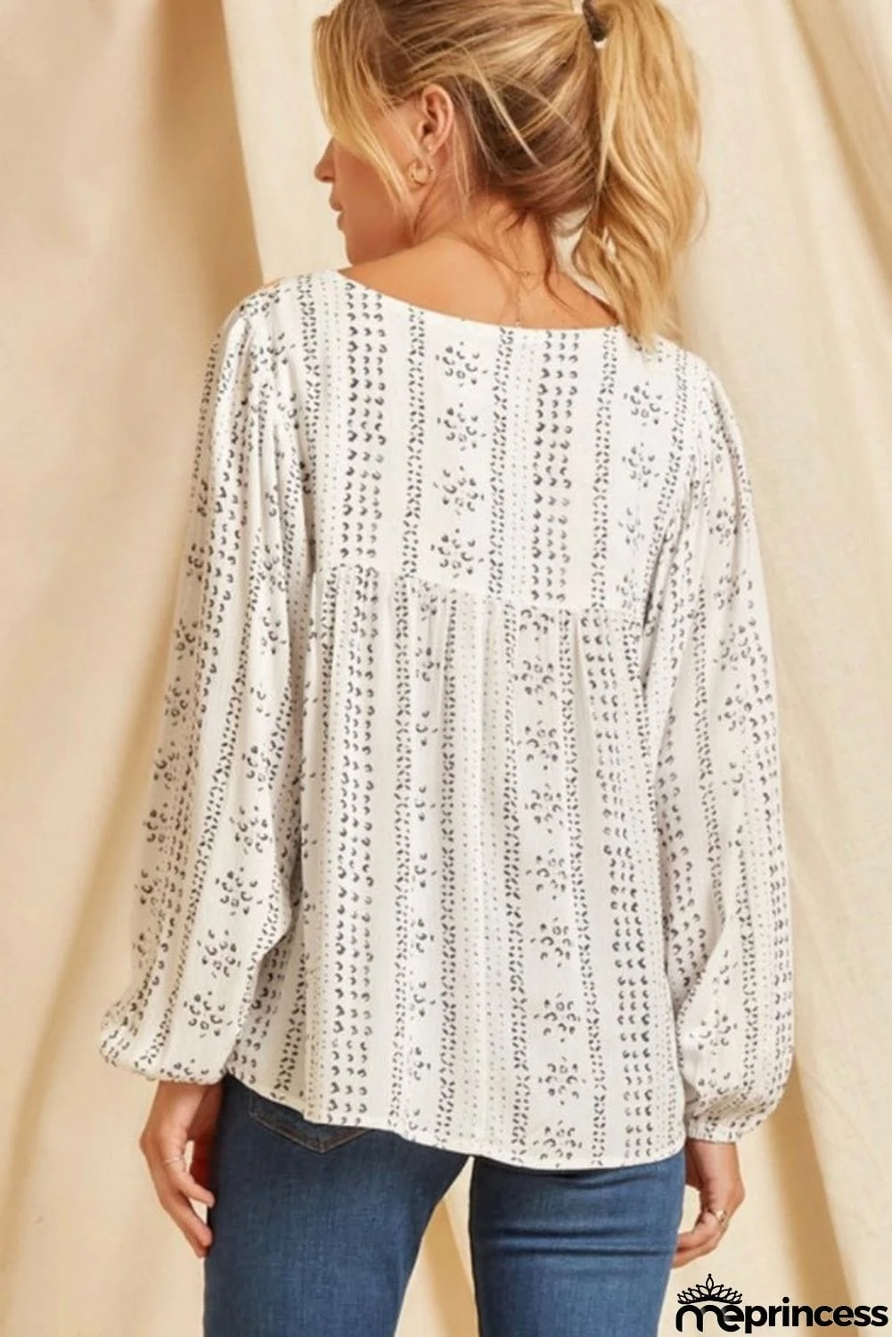 Beige Long Sleeve Embroidered Print Blouse