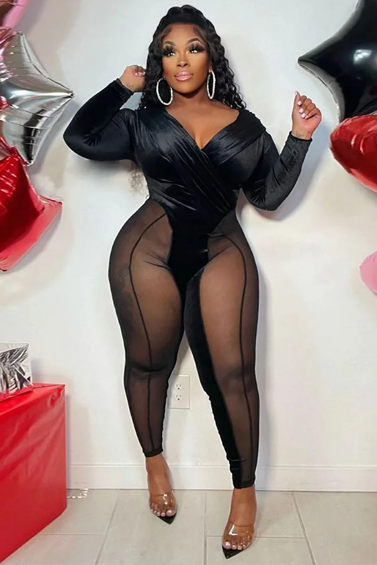 Sheer Velvet Patchwork V Neck Long Sleeve Party Jumpsuit