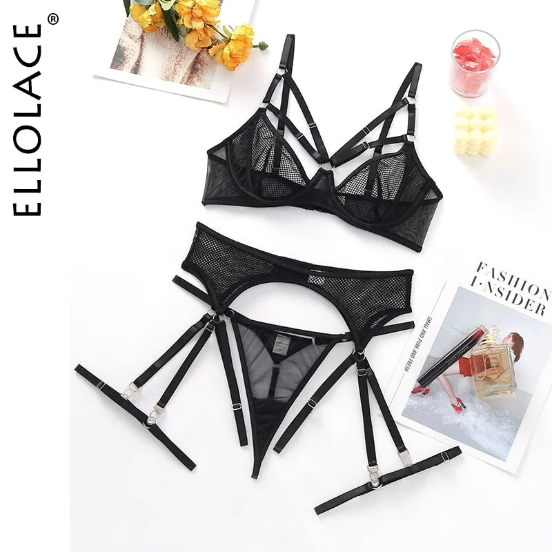 Ellolace Lace Erotic Lingerie Sensual Underwear 3-Piece Mesh Briefs Sets Garters Transparent Bra Kit Push Up Exotic Intimate