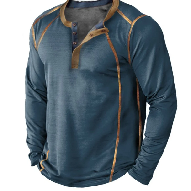 Men'S Round Neck Open Button Stripe Panel T-Shirt