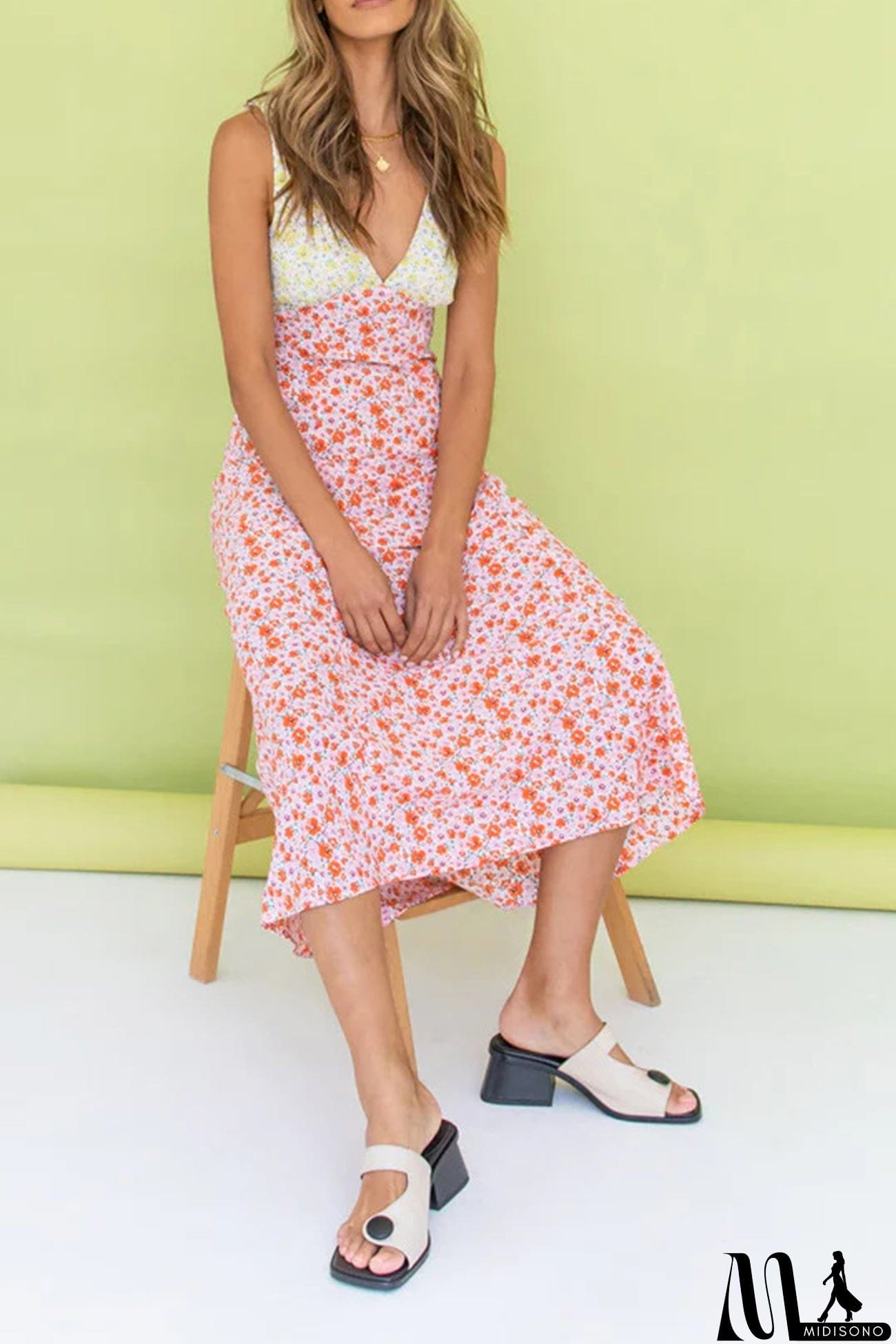 MidiSono - Contrast V Neck Floral Print Tie-back Dress