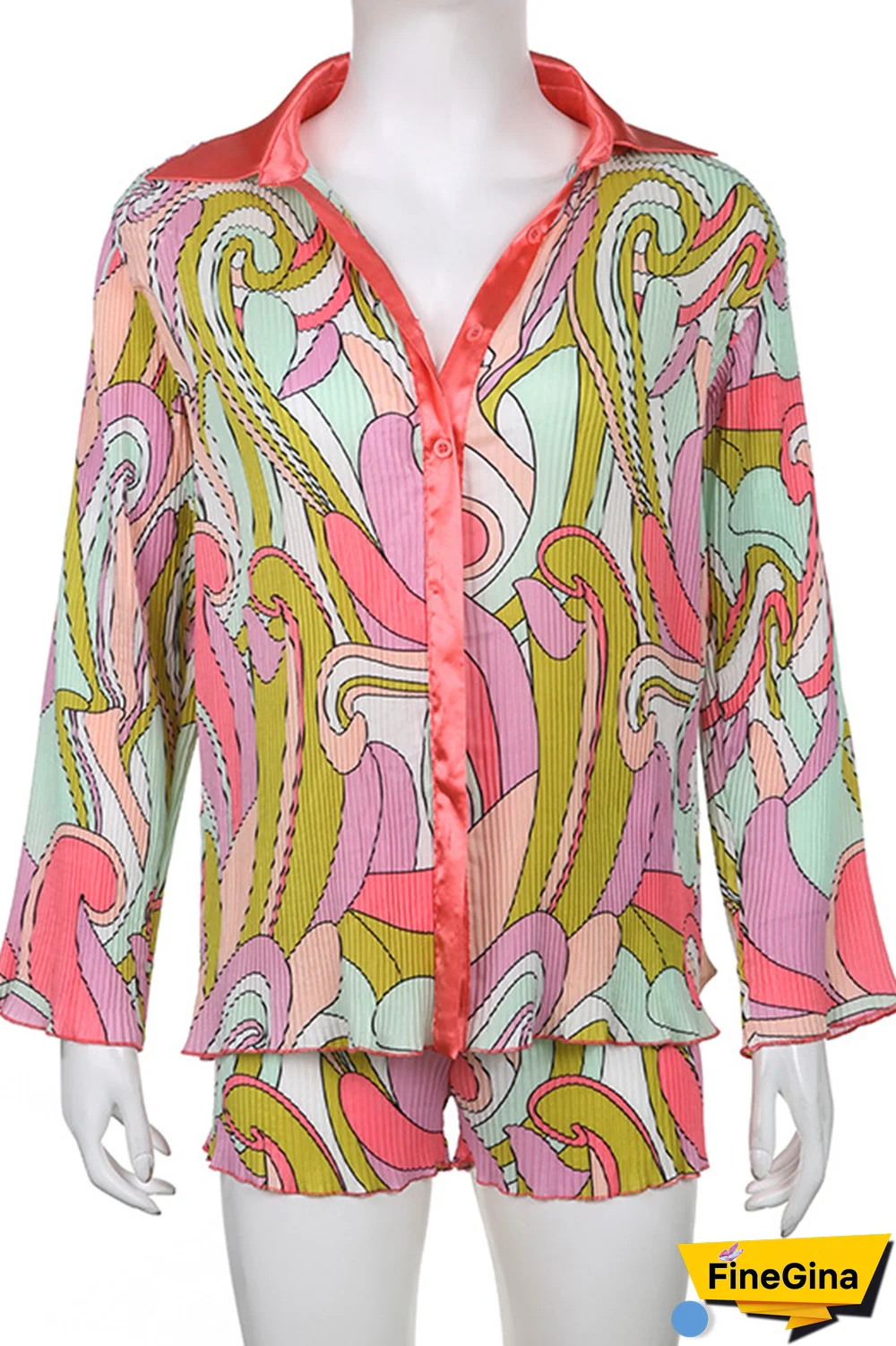 Colour Casual Print Patchwork Turndown Collar Long Sleeve Two Pieces