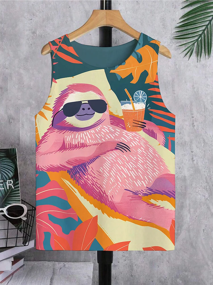 Men's Vacation Style Sloth Drinks Juice Print Tank Top