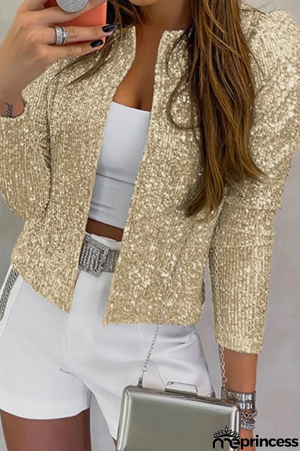 Champagne Fashion Solid Sequins Patchwork O Neck Outerwear