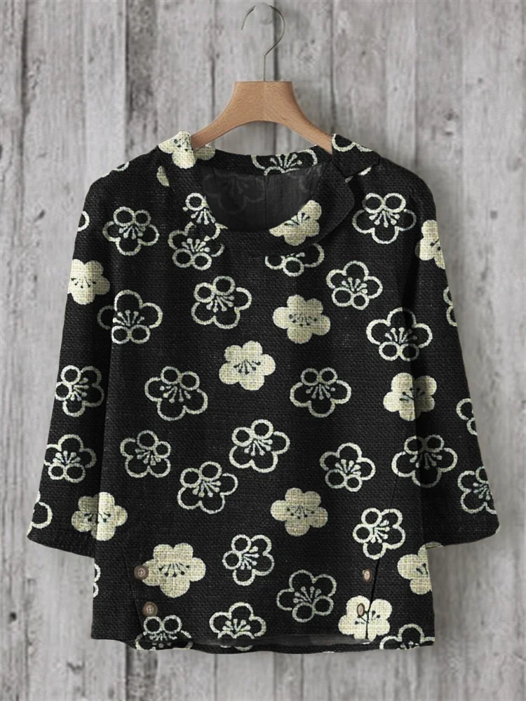 Cherry Blossom Japanese Lino Pattern Linen Blend Tunic