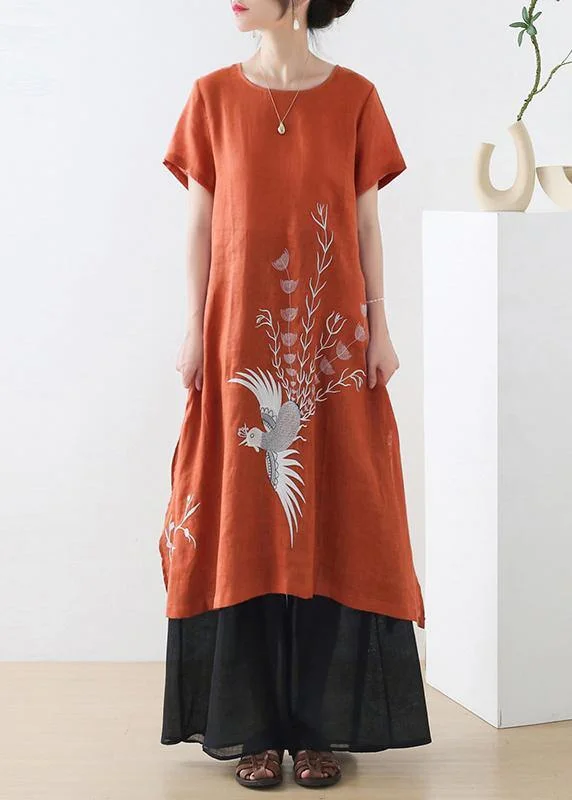 Fashion Orange phoenix Embroideried Linen side open Summer Long Dress