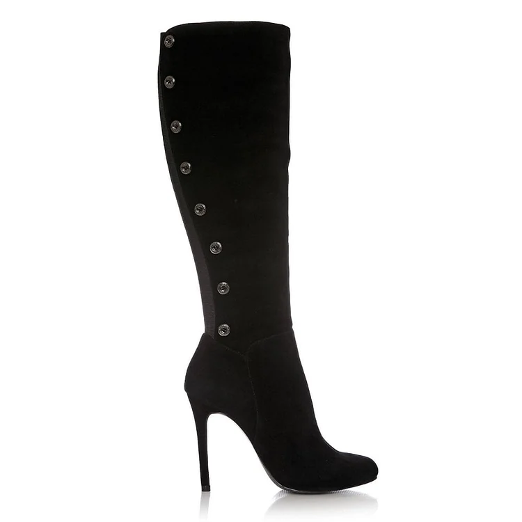 Black Knee High Metal Button Suede Boots Vdcoo