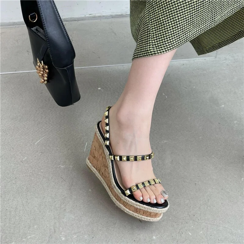 Qengg Rome Women Sandals High Heels Buckle Strap Metal Rattan Weave Platform Wedges Shoes For Women Beach Cane Sandals Open Toe