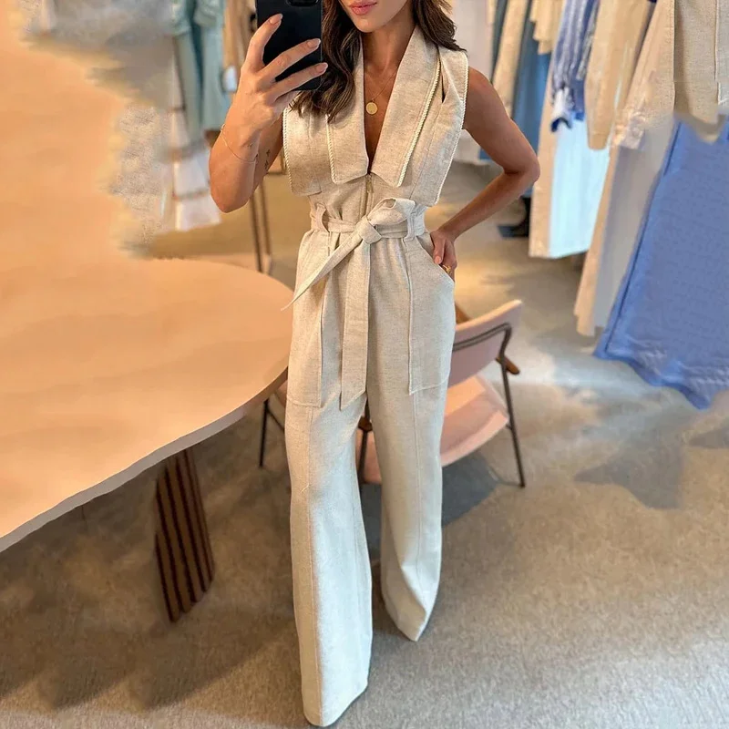 Toloer Toloer New Fashion Polo Collar Waist Solid Color Wide-Leg Jumpsuit Woman-Outfit Ideas