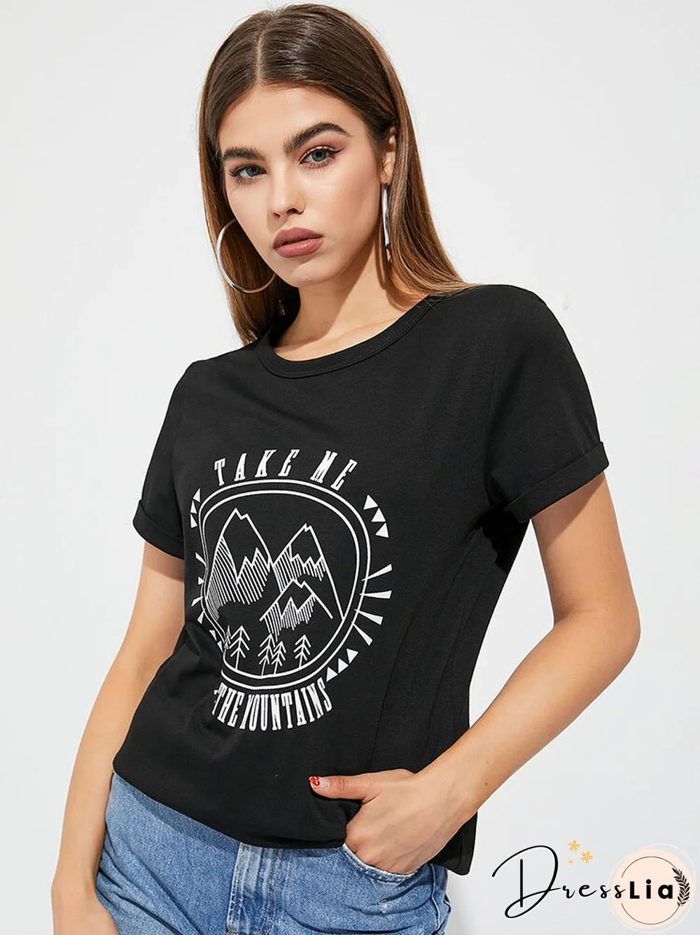 Stick Figure Landscape Print Crew Neck Short Sleeve T-shirt