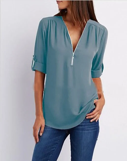 2021 European New Fashion Women Short Sleeve Blouse Zipper Button Tops Ladies V-neck Casual Loose Chiffon Shirt Vestidos Mujer