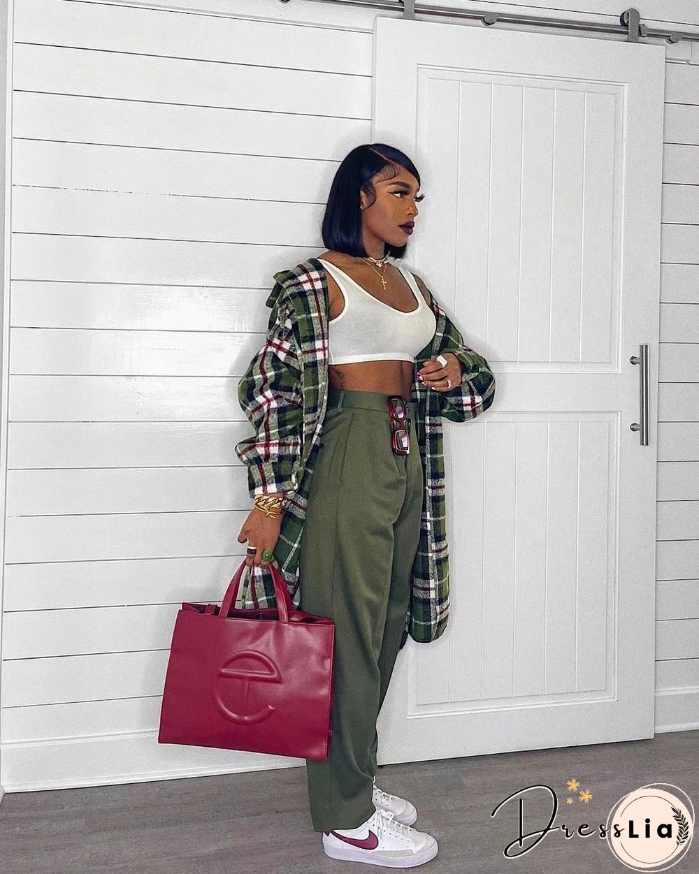 Streetwear Woolen Loose Long Plaid Shirt Coat